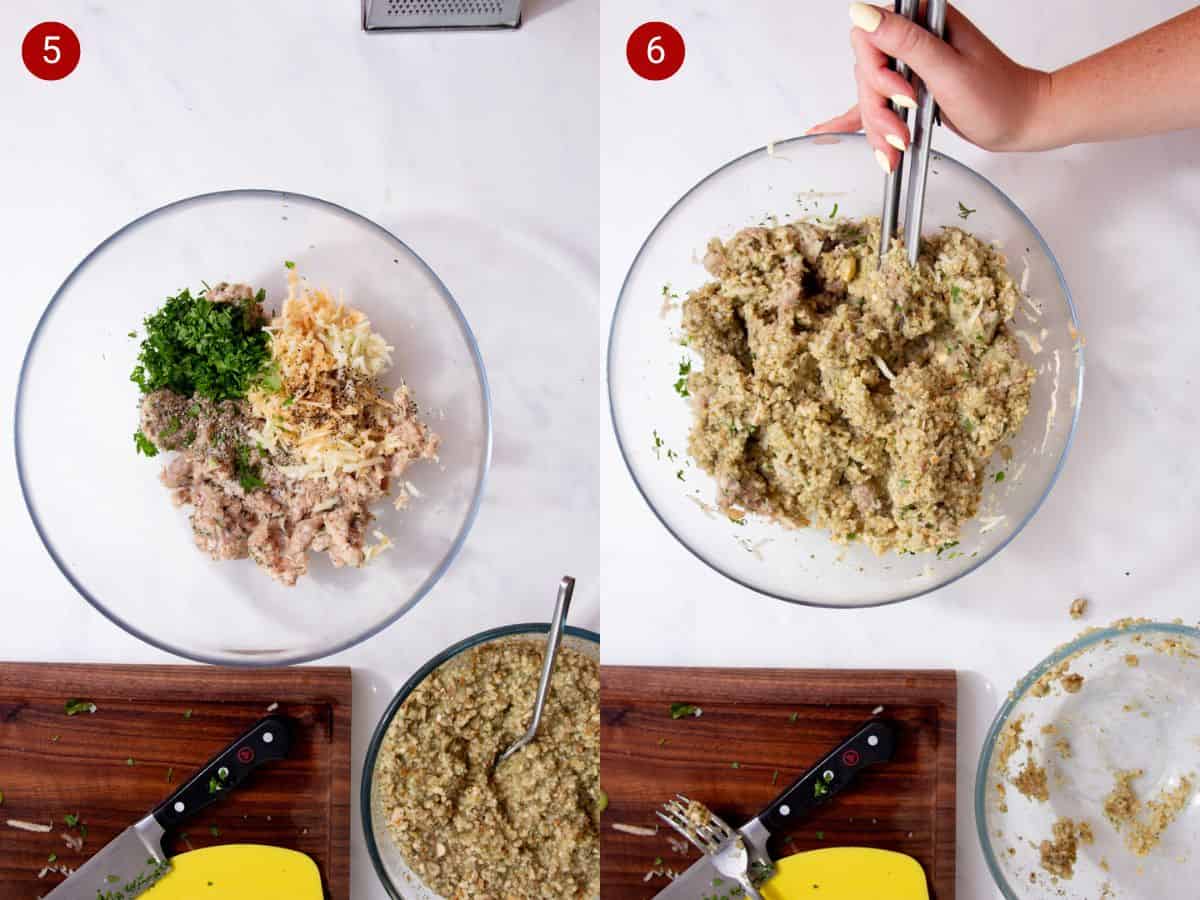 Two step by step photos with the first showing a glass bowl containing sausage meat, chopped parsley, shredded butter, and shredded apple and the second showing chopped all the ingredients being mixed with the stuffing mix in a glass bowl.
