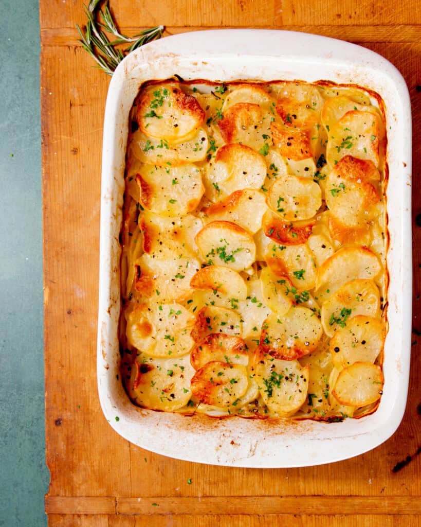 Layered and cooked to golden brown layered boulangere potatoes