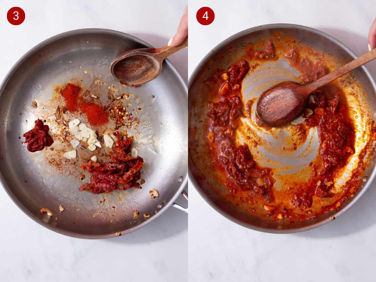 Two step by step photos with the first showing a skillet with sliced garlic, tomato puree, smoked paprika, sundried tomatoes, and red chili flakes and the second showing all of those ingredients mixed together into a red sauce with a spoon.
