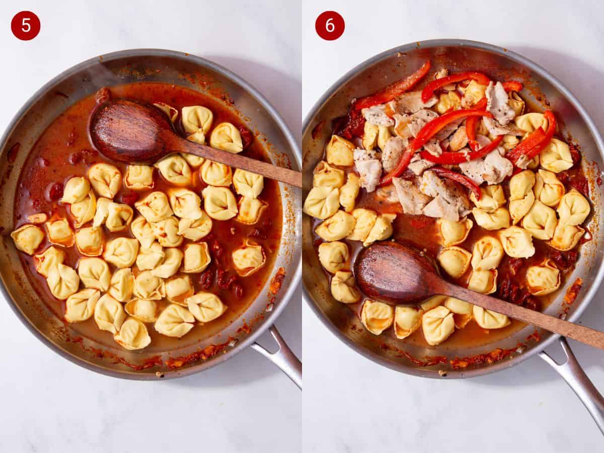 Two step by step photos with the first showing cheese tortellini being added to a red sauce with chicken stock in a skillet and the second showing cooked chicken and red bell pepper slices being added to the tortellini, and red sauce.
