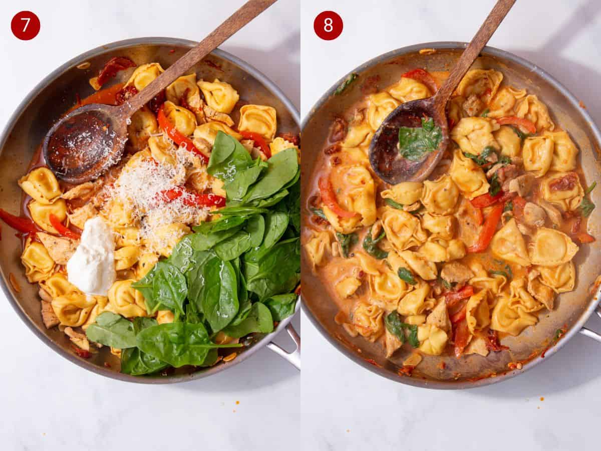 Two step by step photos with the first showing cooked cheese tortellini with spinach, creme fraiche, and parmesan cheese added and the second showing tortellini, sauce, peppers, and spinach in a skillet with a wooden spoon
