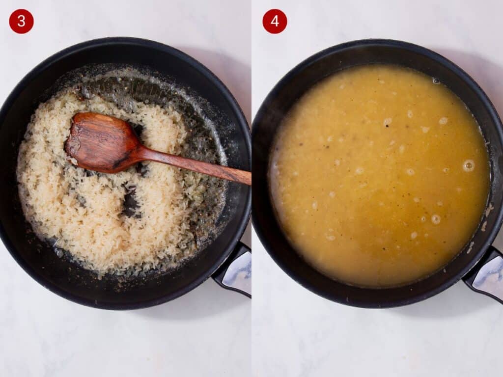 Two step by step photos with the first showing rice cooking with butter in a frying pan and the second showing the rice and chicken stock cooking together in the pan.
