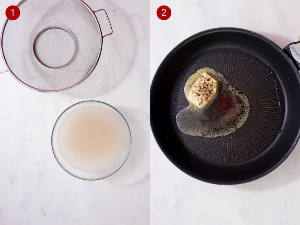 Two step by step photos with the first showing a colander and a bowl of rice in cloudy water and the second showing butter melting in a frying pan.
