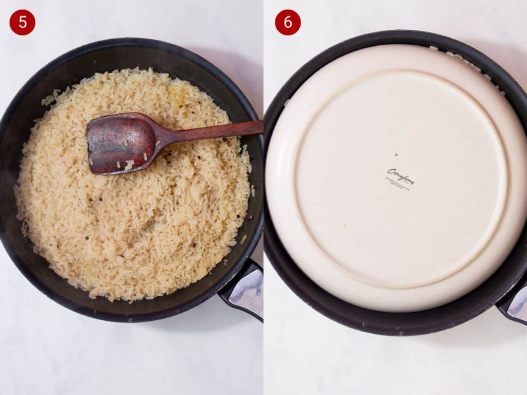 Two step by step photos with the first showing rice that is almost finished cooking and the second showing a white plate covering the rice in the pan like a lid.
