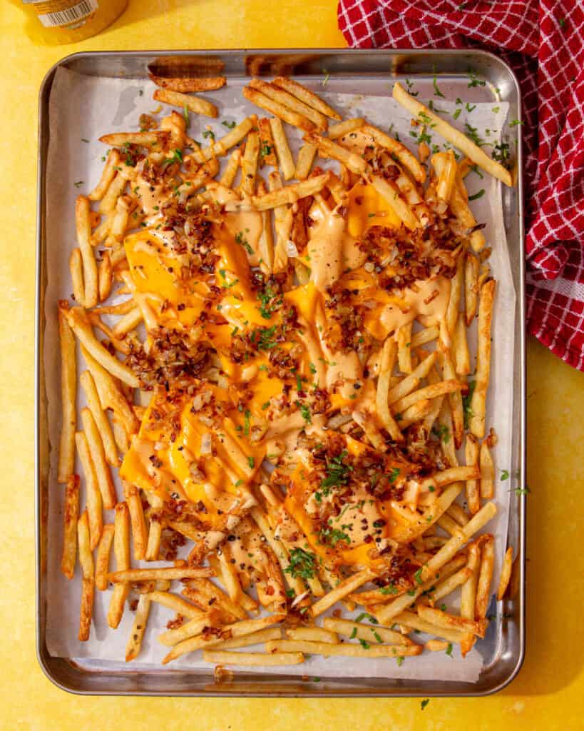 animal style fries cooked in an oven on a baking sheet on a yellow background