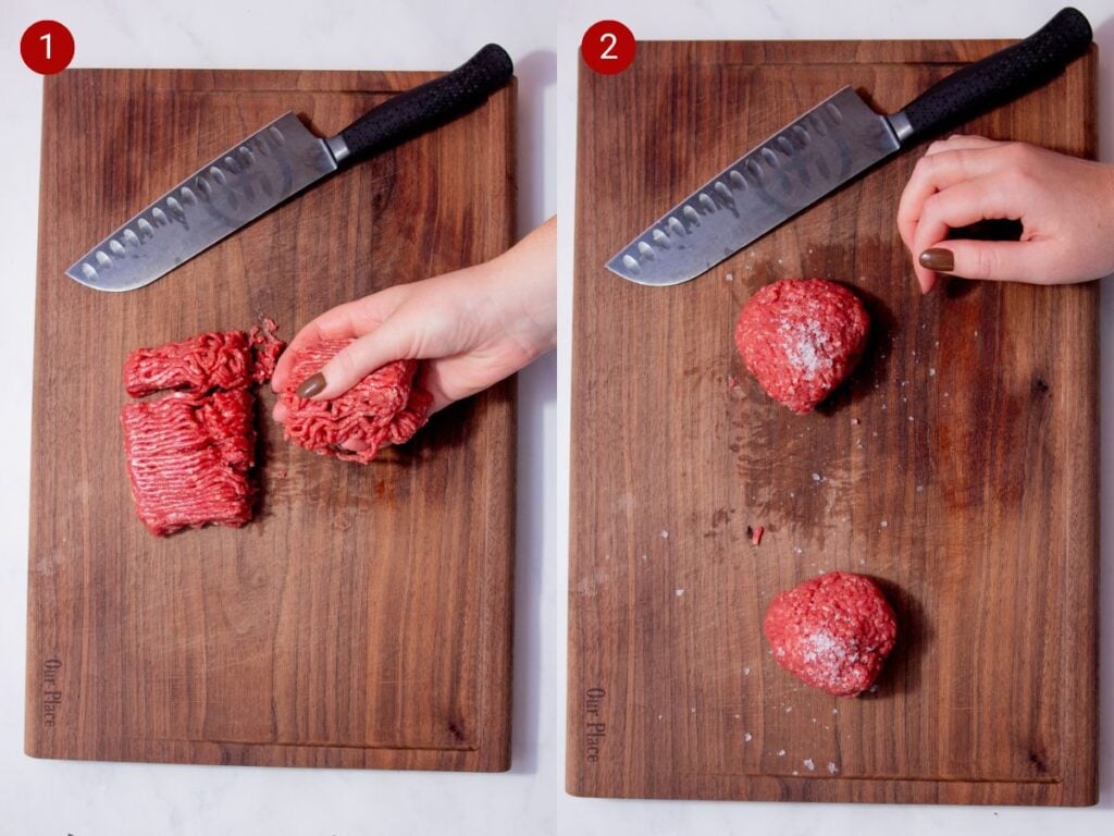 Two step by step photos with the first showing a hand holding half of the minced beef and the other half of the beef laying on a cutting board near a chef's knife and the second showing both halves being rolled into balls and sprinkled with salt.
