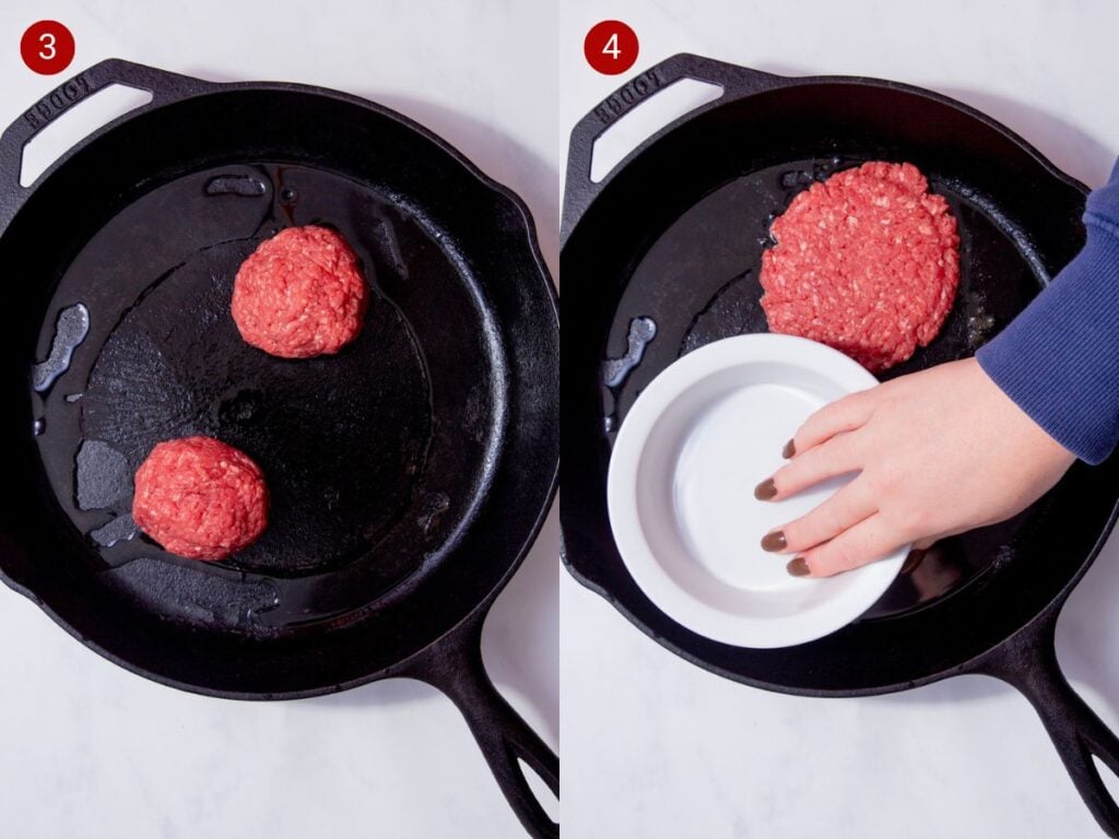 Two step by step photos with the first showing two equally sized balls of minced beef (ground beef) in a cast iron skillet with oil and the second showing a hand using a flat dish to flatten the balls of meat into patties.
