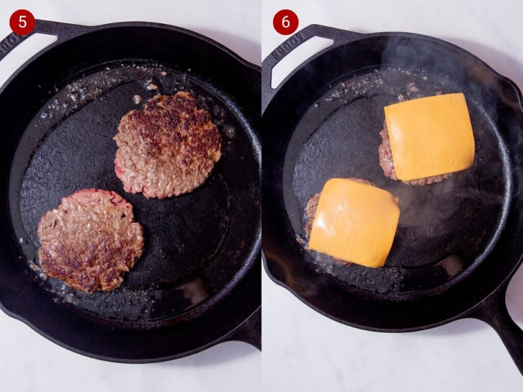 Two step by step photos with the first showing two browned beef mince patties in a skillet and the second showing the two beef mince patties with American cheese slices on top.