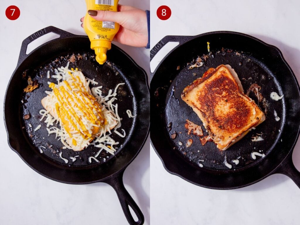 Two step by step photos with the first showing a slice of bread in a pan with a cheesy burger, shredded mozzarella, and mustard on top and the second showing a finished grilled cheese burger in a skillet.
