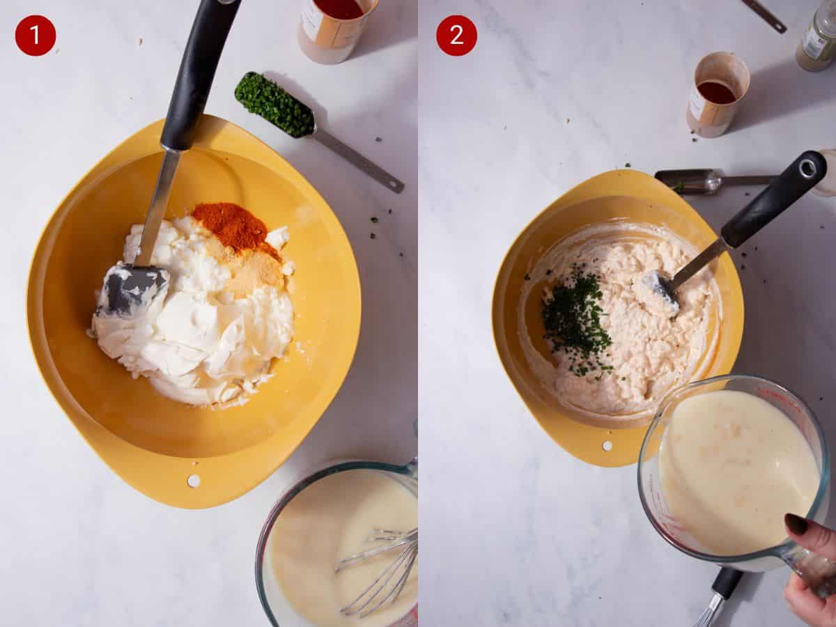 Two step by step photos with the first showing the cream cheese, cottage cheese and spices in a yellow mixing bowl and the second showing cream of chicken soup being added to the ingredients in the yellow bowl as well as chives.
