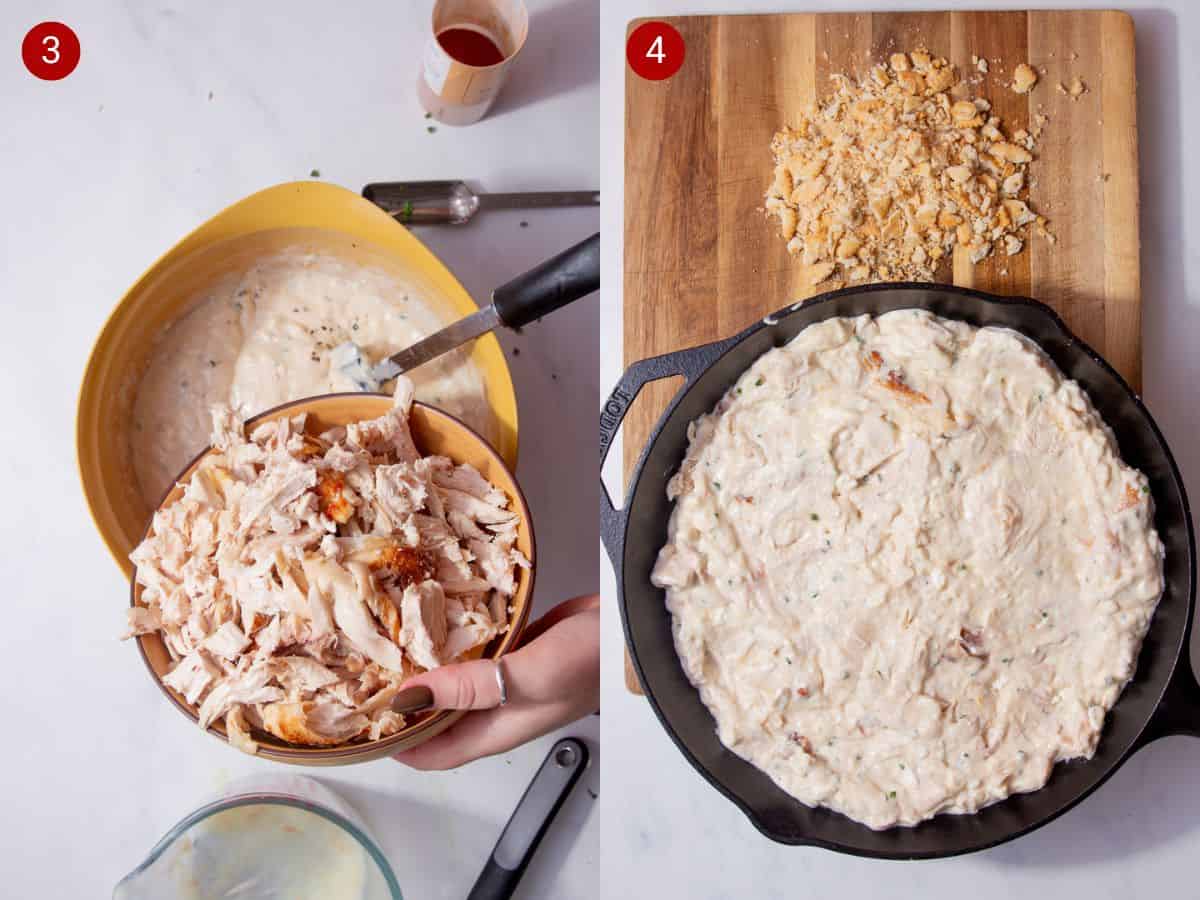 Two step by step photos with the first showing shredded rotisserie chicken being added to the initial ingredients in the yellow bowl and the second showing all of the ingredients being transfered into a black cast iron lodge skillet.
