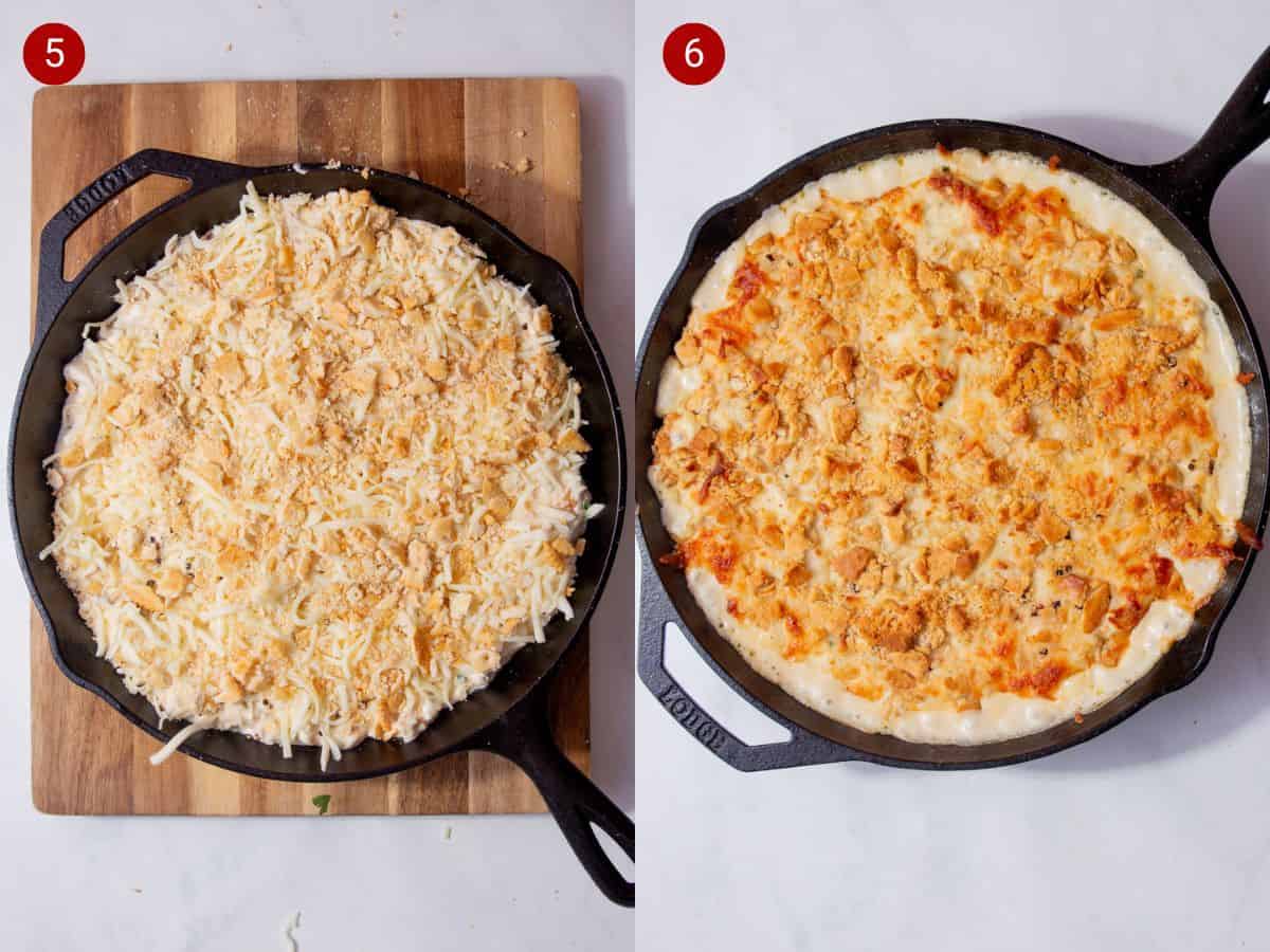 Two step by step photos with the first showing the contents of the skillet topped with shredded mozzarella and ritz crackers and the second showing the million dollar casserole fully baked in a black cast iron skillet.
