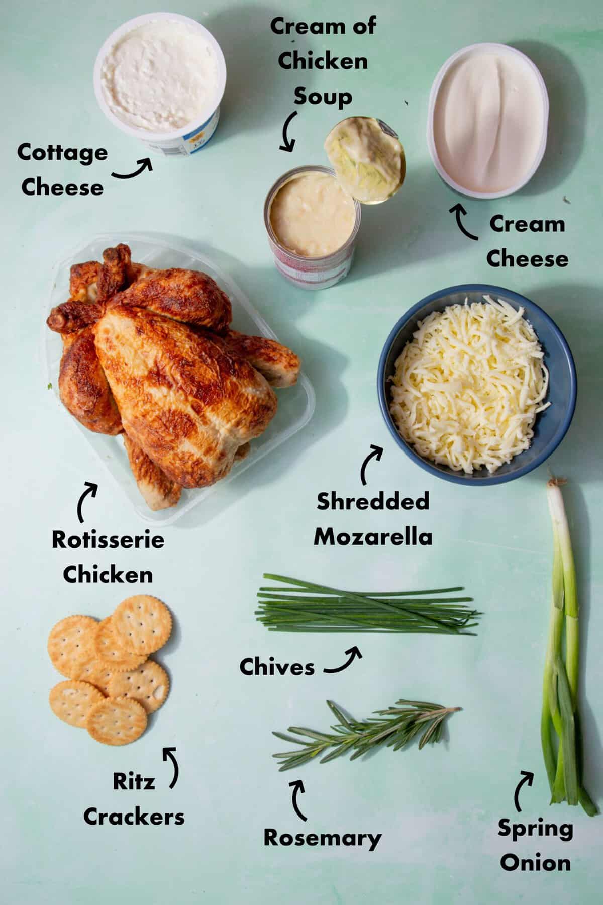 Ingredients to make million dollar chicken casserole in the oven laid out on a pale blue background and labeled with arrows.