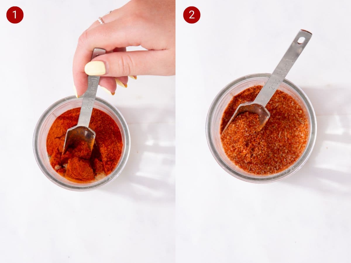 Two step by step photos with the first showing the pork chop seasonings being added to a glass bowl and the second showing the pork chop seasonings all mixed together in a glass bowl.