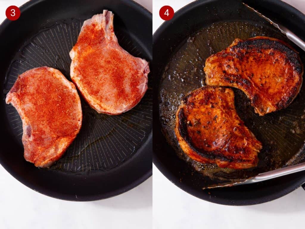 Two step by step photos with the first showing the pork chop seasonings on two pork chops in a black skillet and the second showing the pork chops with the seasonings cooked and caramelized in the black skillet.
