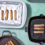 chicken sausage cooked four ways, in the air fryer, in the oven, in a pan, and on a grill.