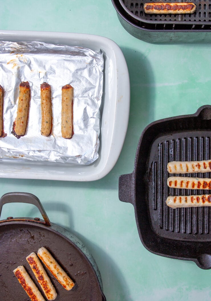 chicken sausage cooked four ways, in the air fryer, in the oven, in a pan, and on a grill.