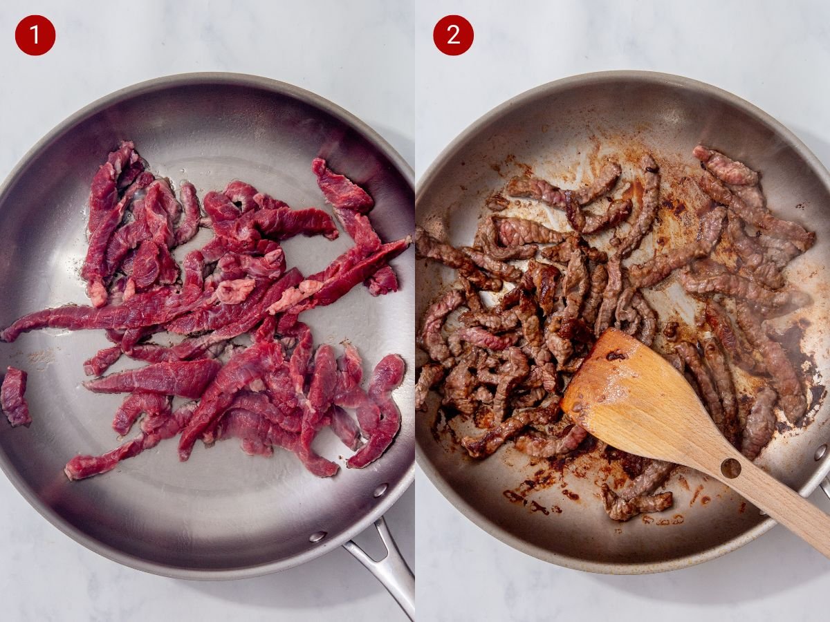 two side by side images with the first showing raw strips of beef in a hot frying pan with oil and the second showing the beef fully cooked in the pan