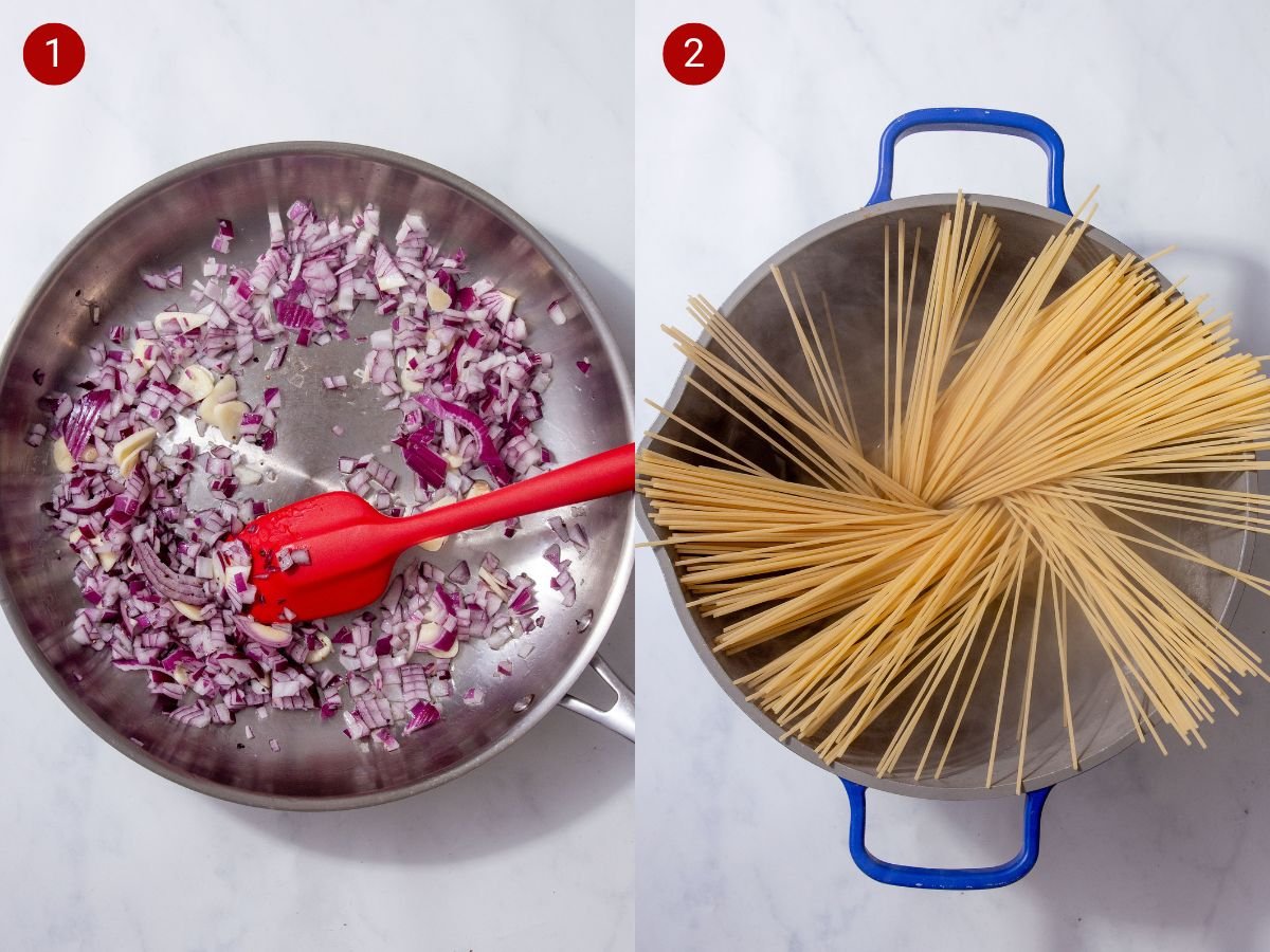 Two step by step photos with the first showing onions and garlic being sauteed in a pan and the second showing spaghetti being added to a pan of boiling water.