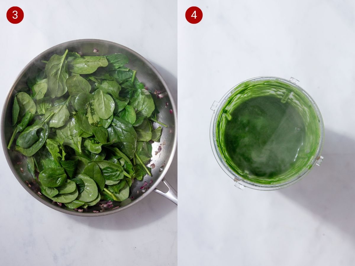 Two step by step photos with the first showing the spinach added to the frying pan and the second showing the blended sauce in a blender.