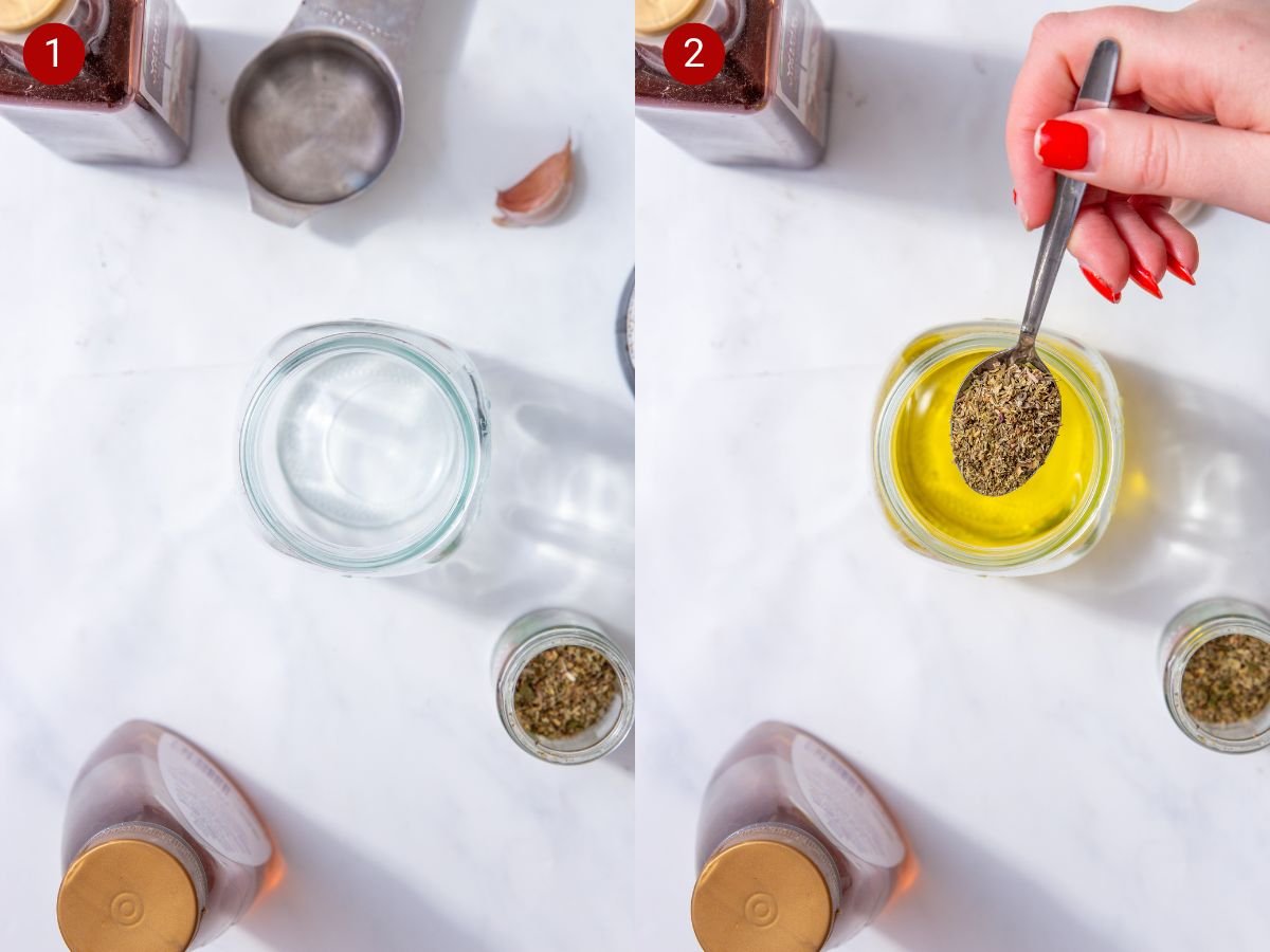 Two step by step photos with the first showing the ingredients needed and an empty jar and the second showing olive oil in the jar and a spoonful of Italian seasoning being added.