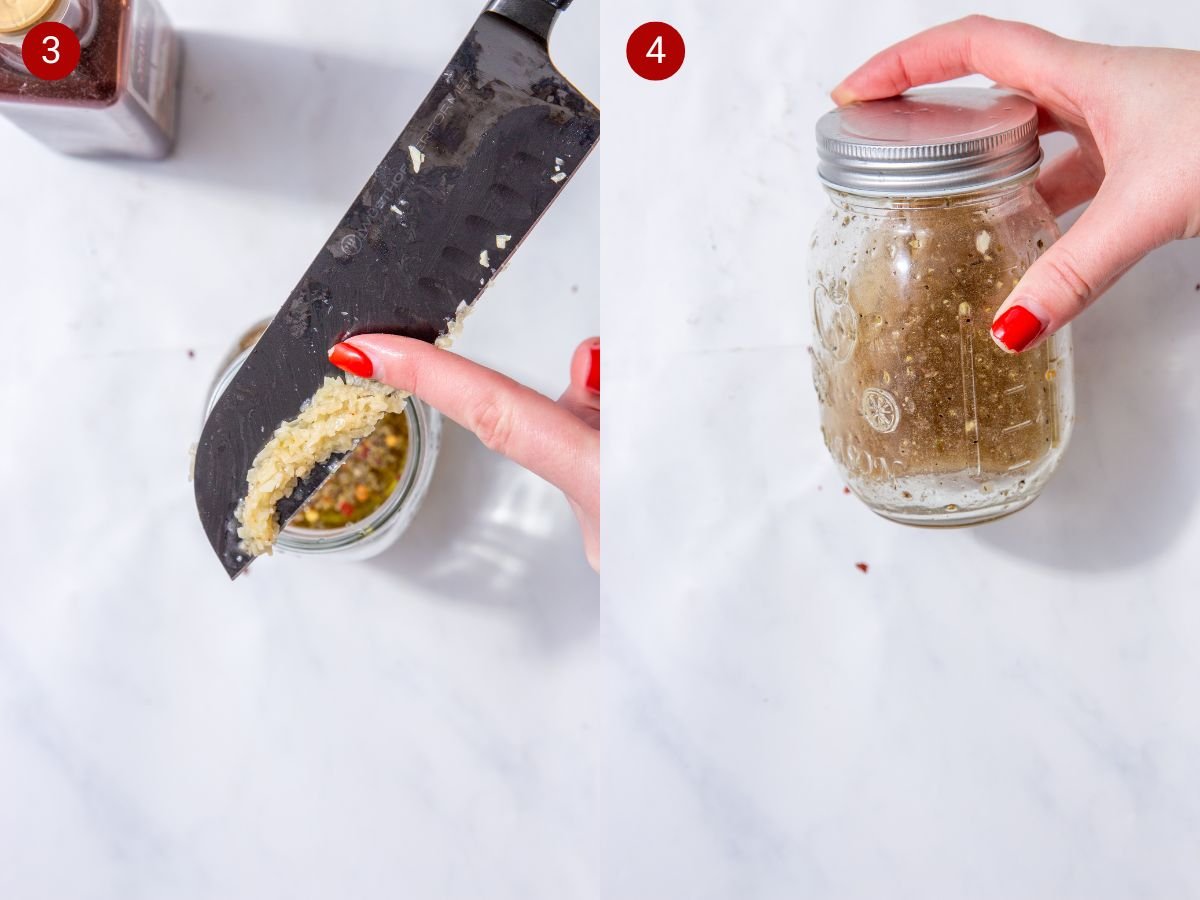 Two step by step photos with the first showing chopped and mashed garlic being added to the jar from a knife and the second showing all the ingredients added to the jar and being shaken to combine.