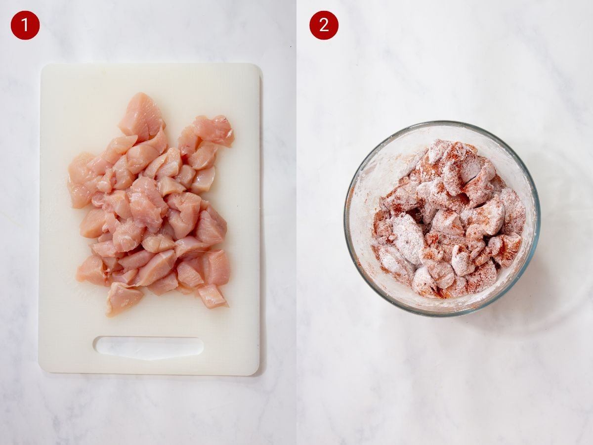 Two step by step photos with the first showing raw chicken breast cut up on a cutting board and the second showing the diced chicken in a bowl and coated with cornflour, cayenne pepper, and smoked paprika.