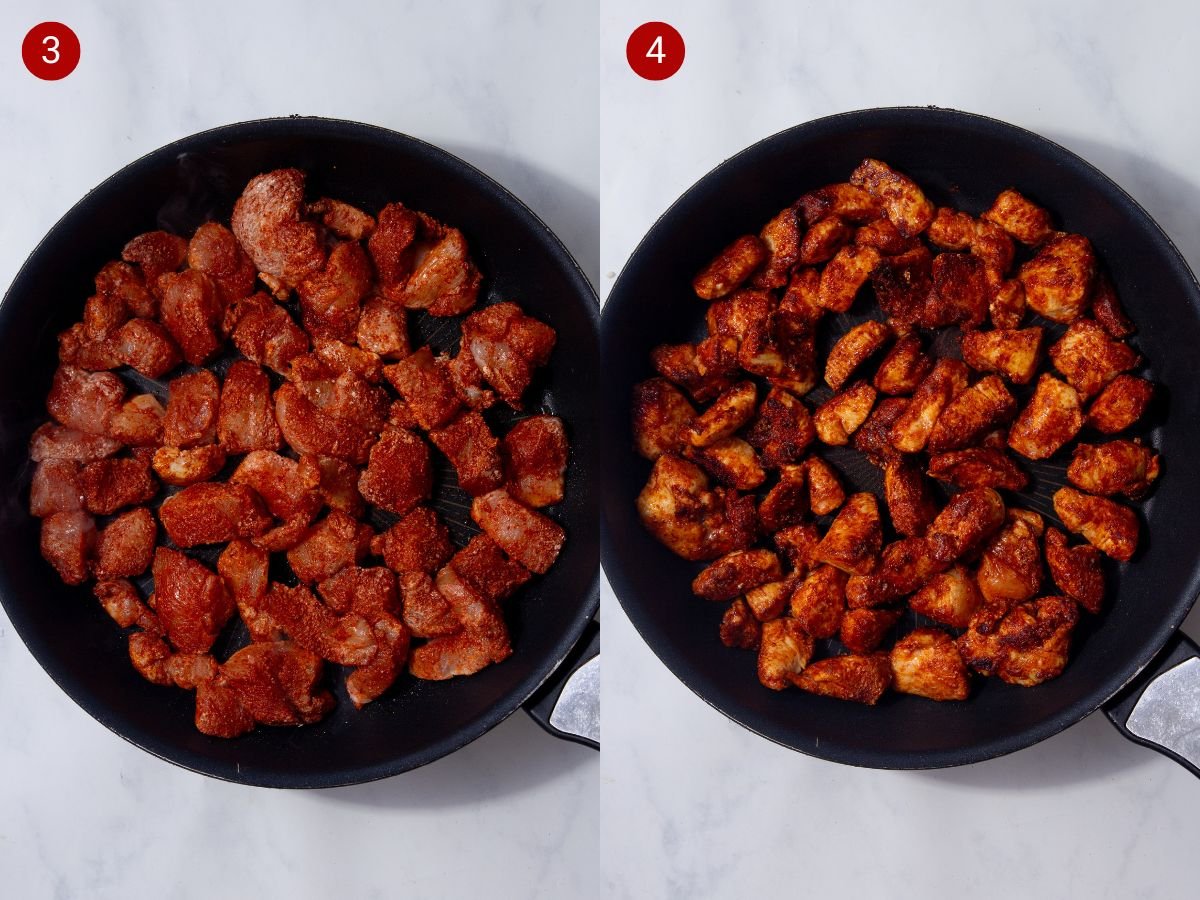 Two step by step photos with the first showing the raw coated chicken in a fry pan and the second showing the chicken pieces cooked in the skillet