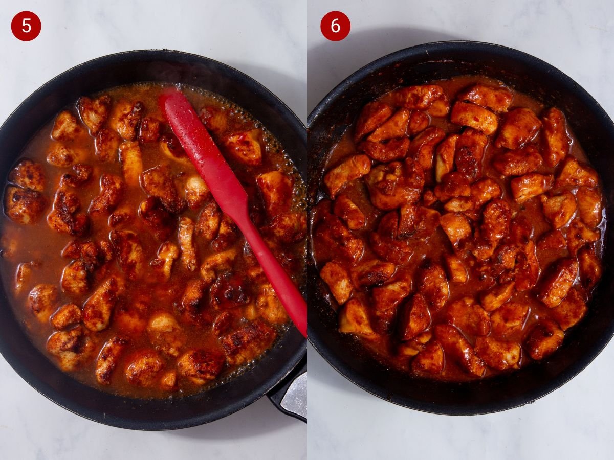 Two step by step photos with the first showing the sweet chilli sauce, chicken stock and cornflour added and the second showing the sweet chilli chicken in a thick sticky sauce