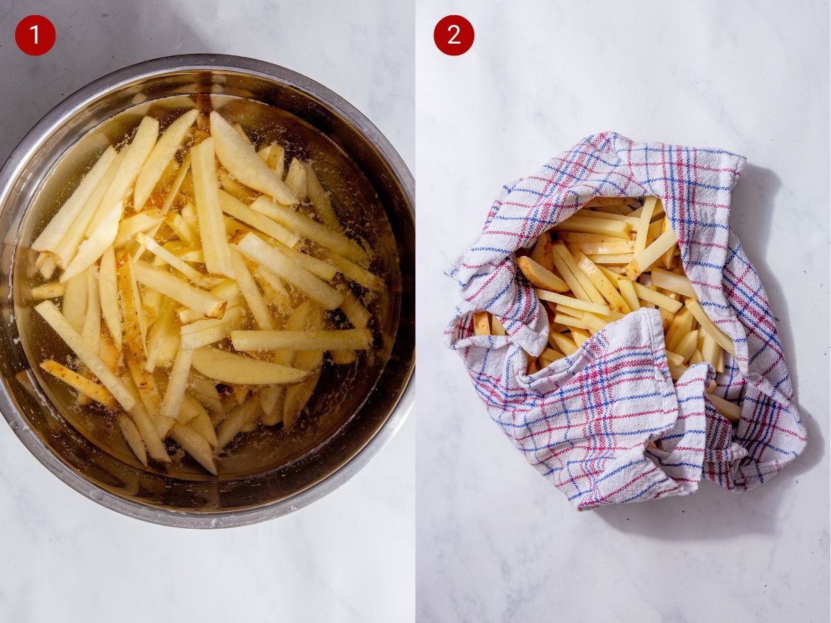  Two step by step photos with the first showing the cut potatoes being soaked in cold water and the second showing the sliced potatoes being dried in a tea towel.