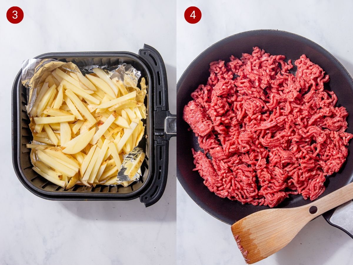 Two step by step photos with the first showing the sliced potatoes being placed in the air fryer basket to cook and the second showing the beef mince being added to a hot skillet.