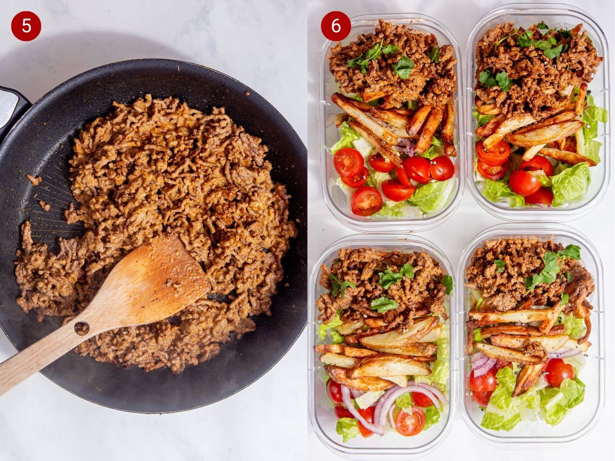 Two step by step photos with the first showing the cooked beef mince with all spices and cheese added and the second showing the burger bowls assembled individually.