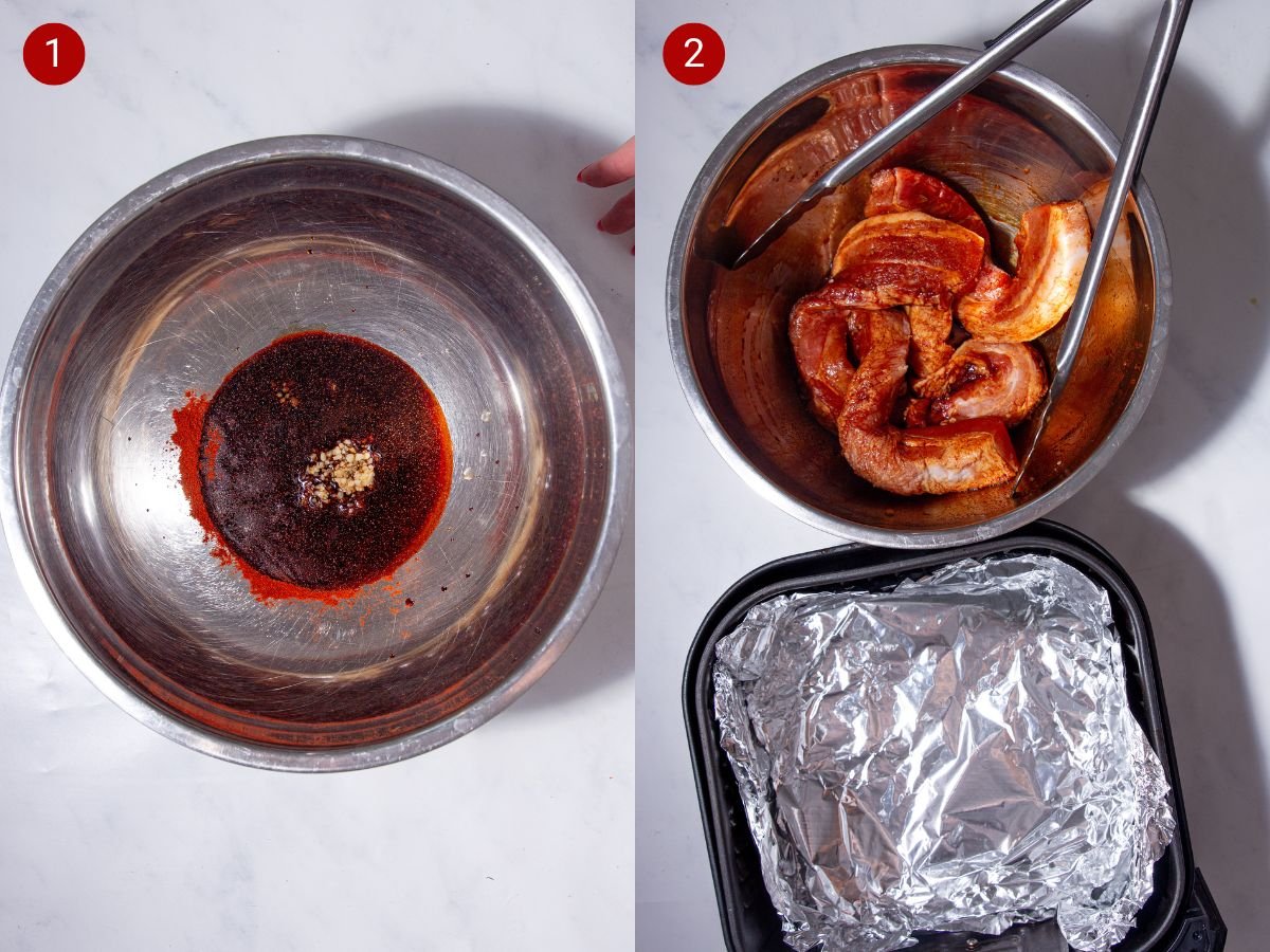 two side by side images with the first showing spices in a steel bowl and the second showing the pork belly slices in the bowl with the spices and a foil lined air fryer basket.