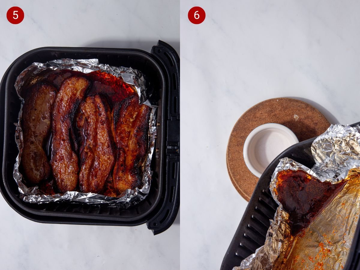 two side by side images with the first showing the pork belly slices resting in the cooking juices and the second showing the juices being poured into a dipping ramekin.