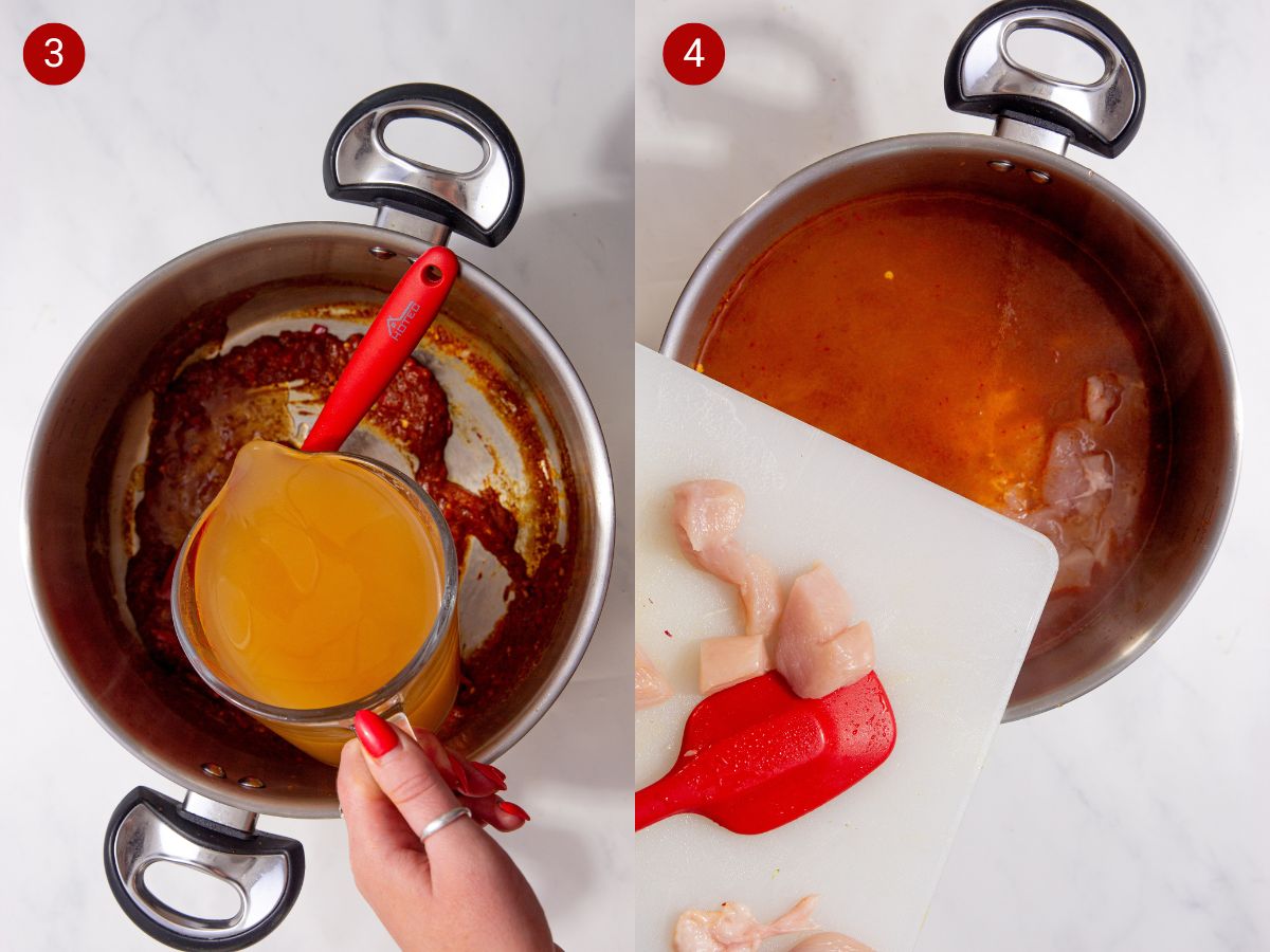two side by side photos with the first showing chicken stock being added to the pan of spices and the second showing the chicken chunks being added to the flavored broth