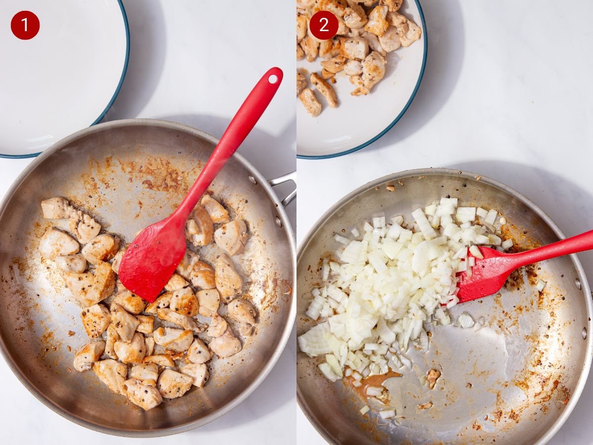 two side by side images with the first showing chicken breast chunks being cooked in a pan and the second showing onions being cooked in a pan