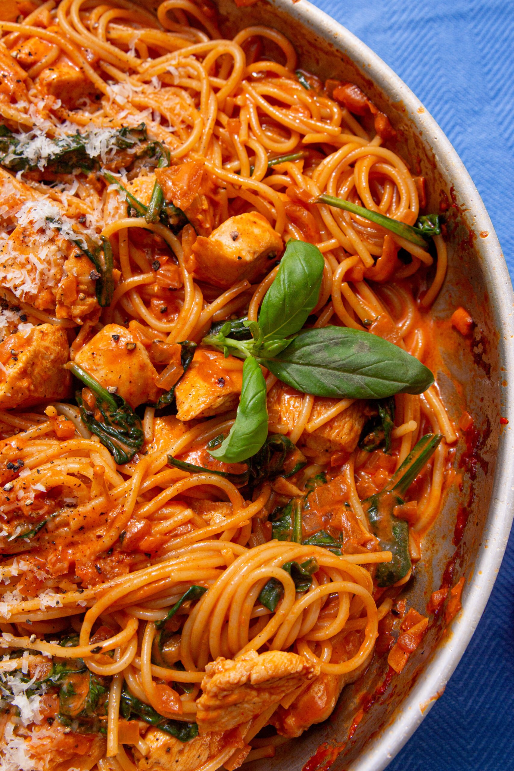 chicken spaghetti made and garnishe dwith sparmesan cheese and a basil leaf