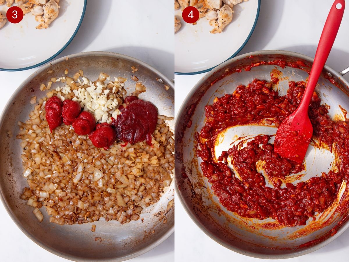 tow side by side images with the first showing cooked onions, gochujang, garlic and tomato paste in a pan and the second showing them all mixed together.