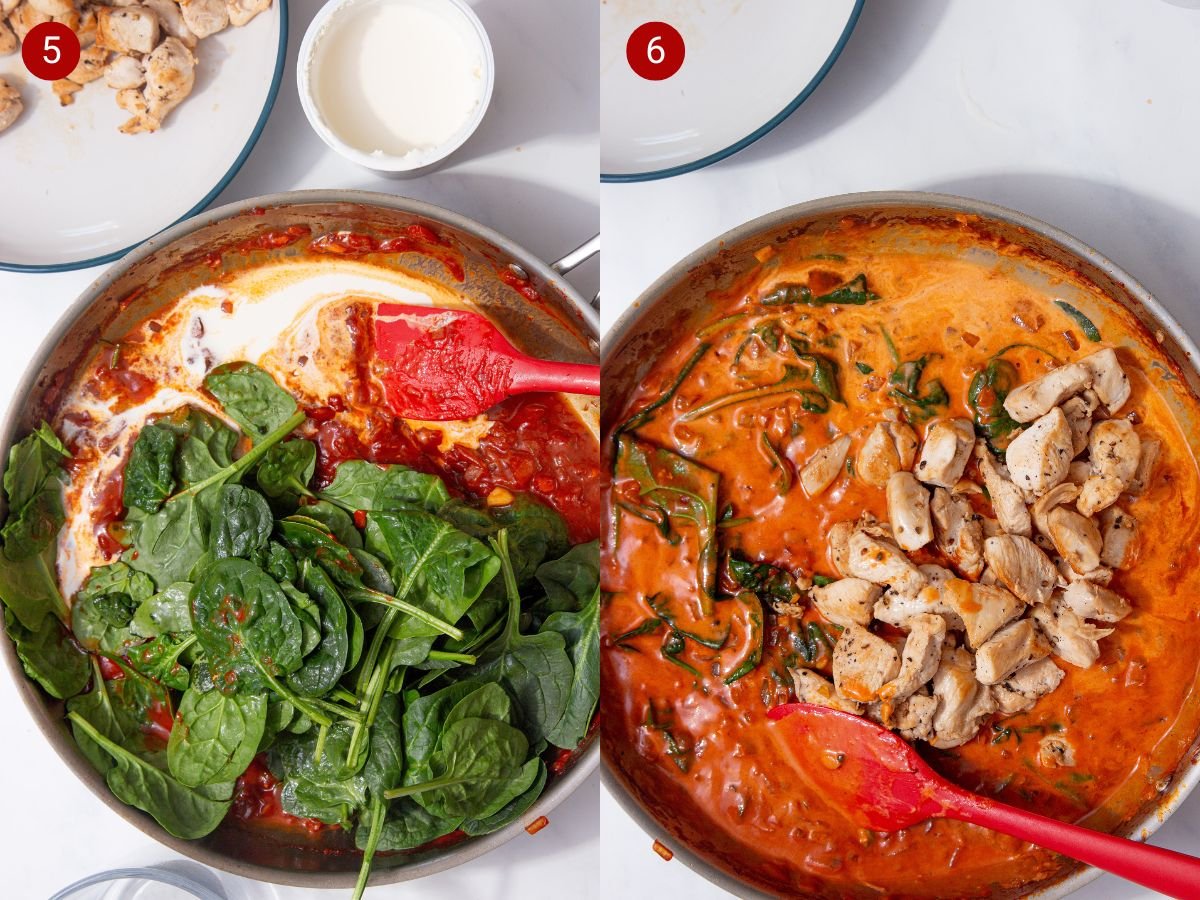 two side by side images with the first showing cream and spinach added to the pan and the second showing chicken added to the pan of sauce