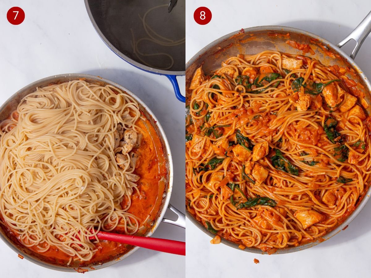 two side by side images with the first showing cooked spaghetti on the sauce and the second showing the spaghetti and chicken all mixed together in the sauce