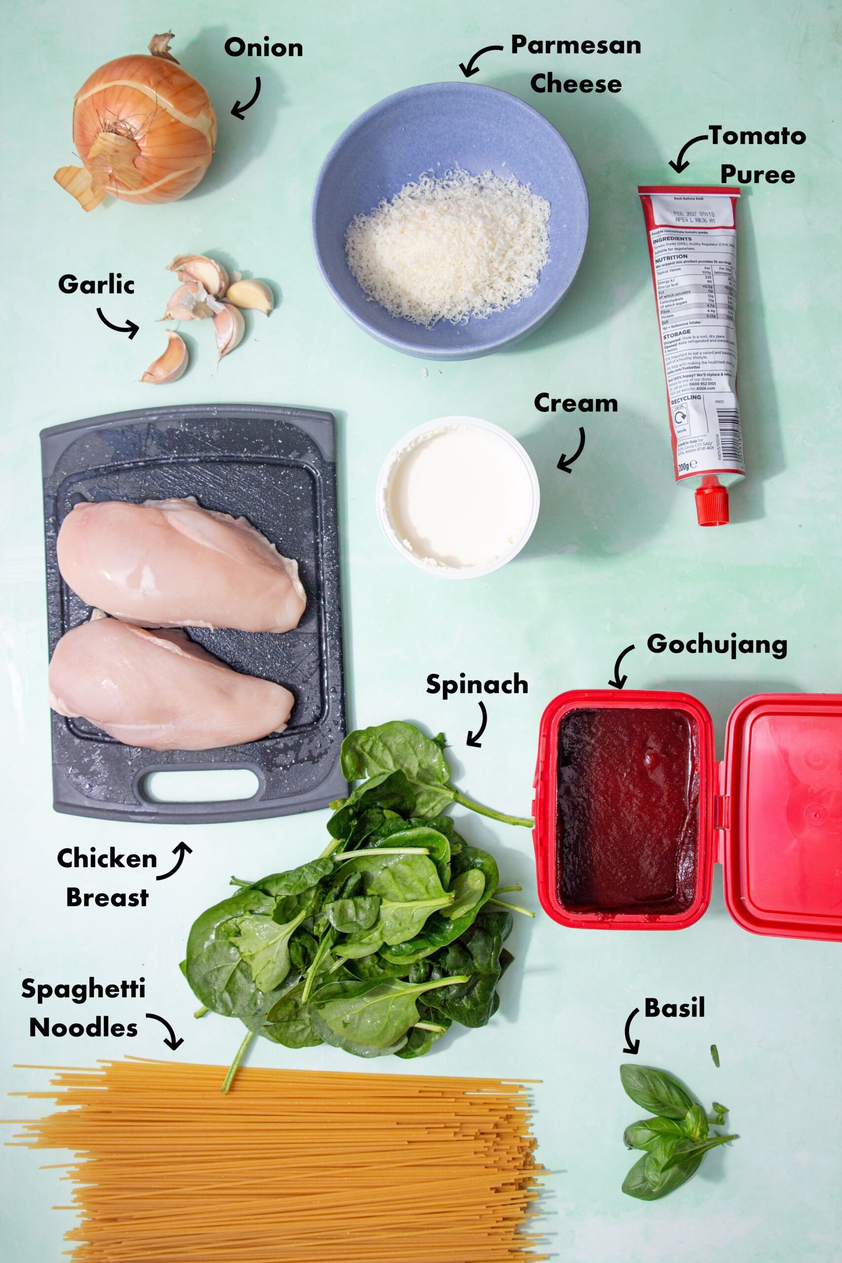 Ingredients to make the chicken spaghetti on the stove top laid out on a pale blue background and labeled with arrows.
