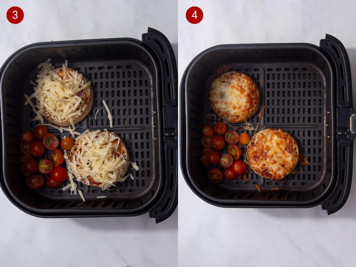two side by side images with the first showing the crumpets sprinkled with cheese in the air fryer with tomatoes and the second showing the crumpets and tomatoes cooked in the air fryer basket.