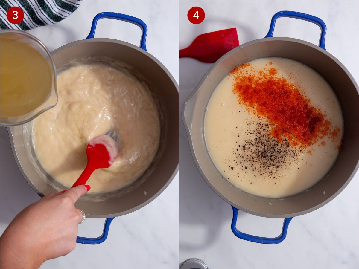 two side by side images with the first showing the condensed soup and chicken broth being combined and the second showing the black and cayenne pepper being added to the soup.