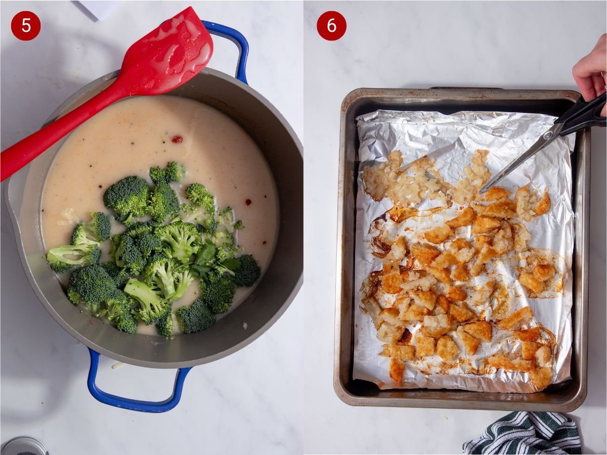 two side by side pictures with the first showing broccoli being added to the soup and the second showing the large hash browns being chopped into smaller pieces.