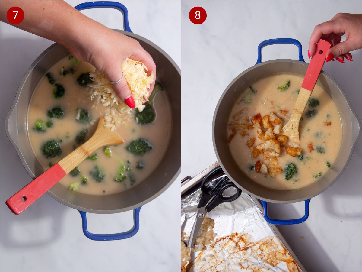 two side by side photos with the first showing shredded cheese being added to the hash brown soup and the second showing the hash browns being stirred into the soup.