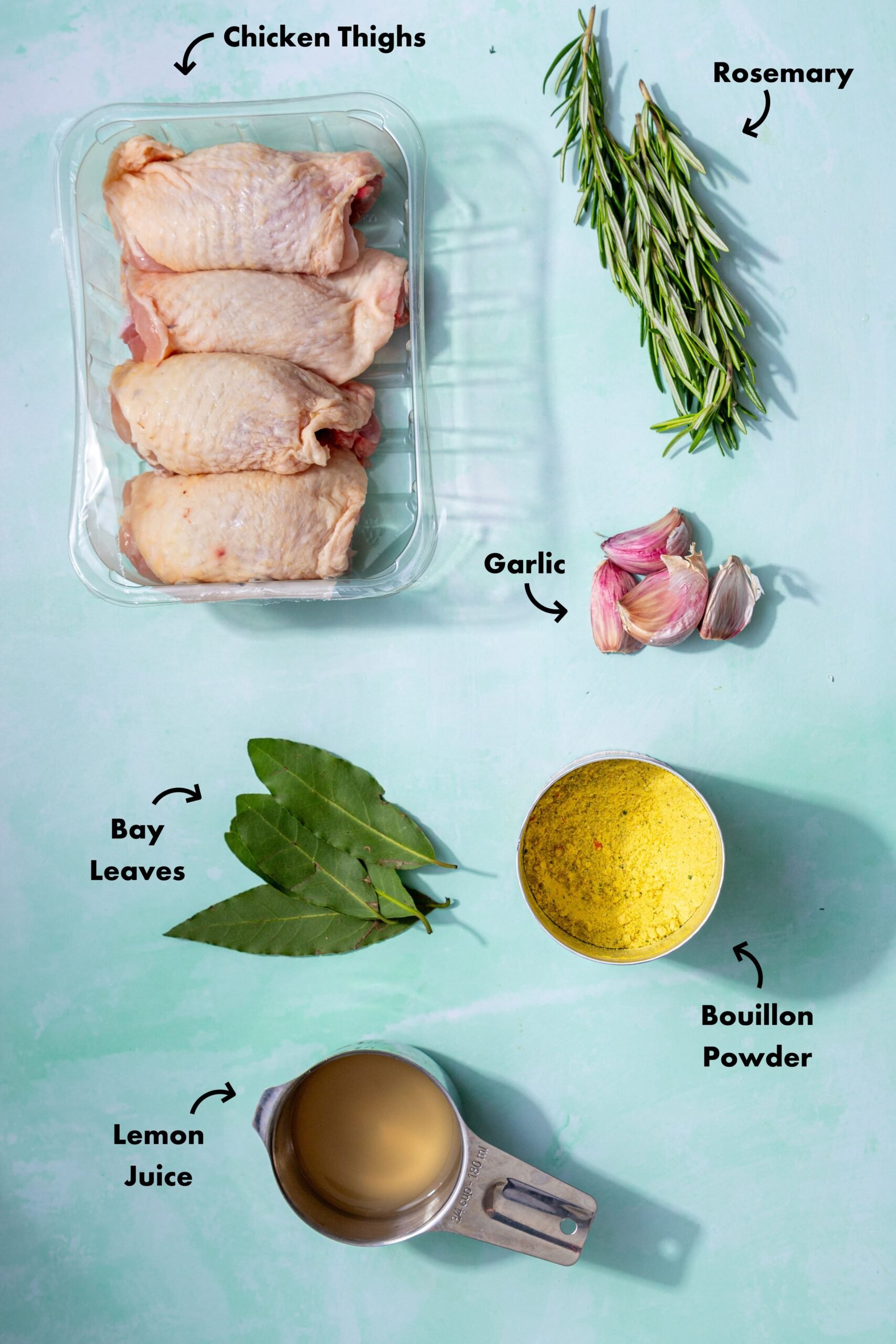 Ingredients to boil chicken thighs in a saucepan laid out on a pale blue background and labeled with arrows.
