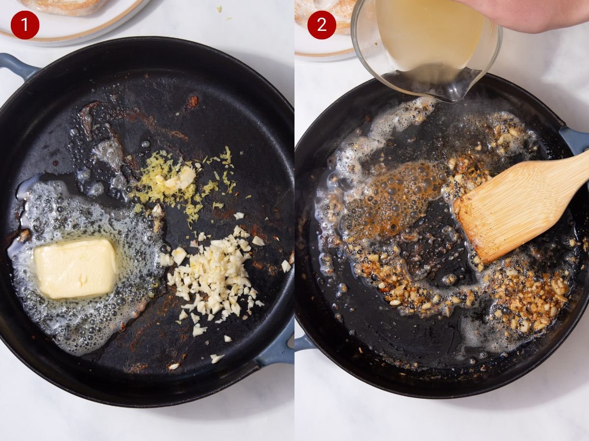 two side by side images with the first showing butter, garlic and lemon zest in a frying pan and the second showing chicken stock being added to those ingredients in the pan.