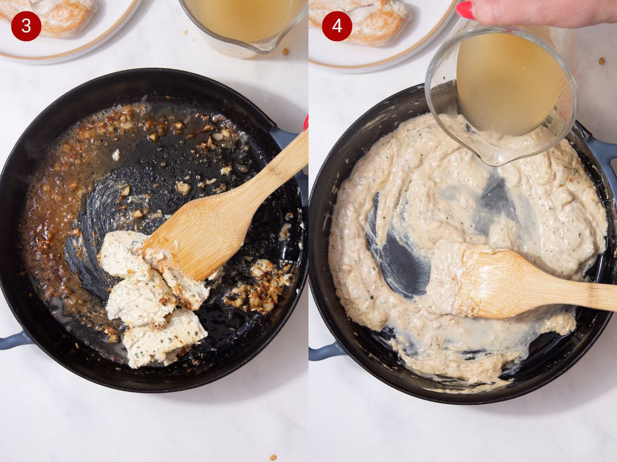 two side by side photos with the first showing Boursin cheese being added to the pan mixture and the second showing chicken stock being added to the cheese to loosen it in the pan.