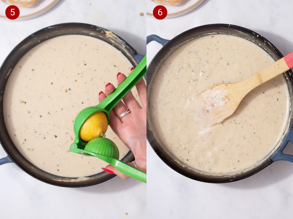 two side by side images with the first showing a lemon being juiced into the sauce and the second showing the sauces has thickened.