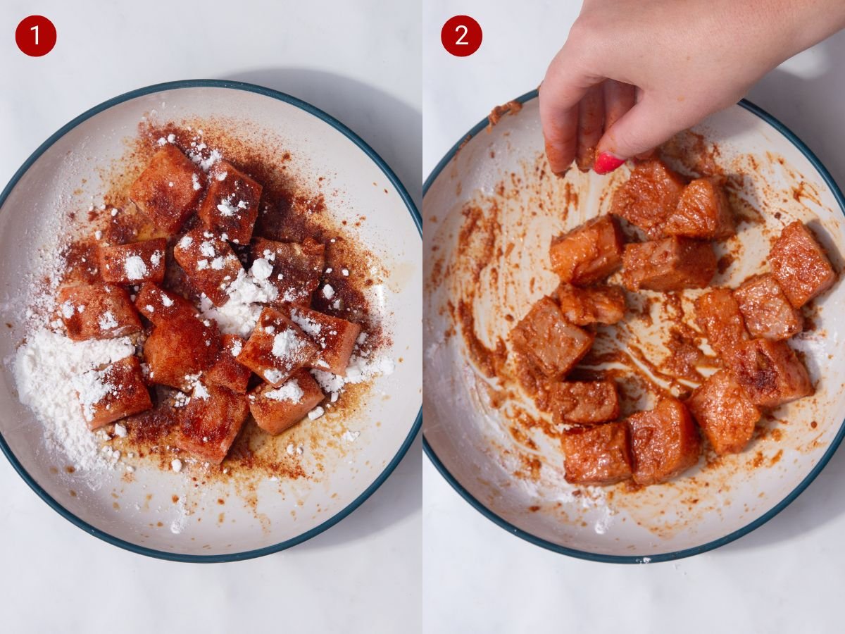two side by side images with the first showing the salmon bites and other ingredients in a bowl and the second shows a hand mixing the other ingredients into the salmon bites to coat them